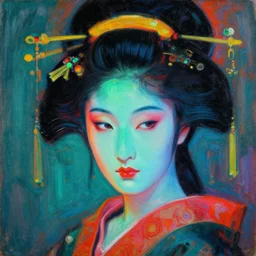 portrait of neon geisha, detailed face, detailed painting, epic lighting, by ilya repin, phil hale and kent williams
