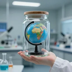 a tiny globe!!!!!!!!!! inside a jar, the jar is held by a scientist, in a laboratory, digital art, greg rutkowski, artstation