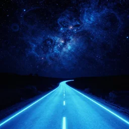 a glowing road winding into the far distance in outer space psychedelic hallucinations by ralph mcquarrie and maxfield parrish and tim white, psychedelic, blue mood, blue light