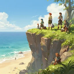 group of dnd adventurers hiding on a cliff over a beach, sunny, fantasy art, concept art, digital art, epic, 4 k