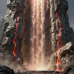 ornate stone edifice flanked by jagged basalt pillars flowing with lava streams, light dust, by peter mohrbacher dan mumford craig mullins nekro, cgsociety, pixiv, volumetric light, 3 d render