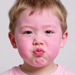 small boy with pink skin, thick lips, very pink face, thin eyebrows, short light brown hair, puffy face, small ears, high on edibles