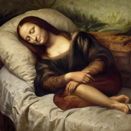 painting of woman with face of mona lisa sleeping on bed, intricate, elegant, athletic,  super highly detailed, by leonardo da vinci, sharp focus, no blur, no dof, extreme illustration,  8K
