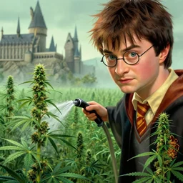 harry potter watering a cannabis field with a hose in hogwarts, marijuana plants, hyper detailed face, digital illustration, in the style of greg rutkowski, very detailed, artstation, smooth, cinematic, sharp
