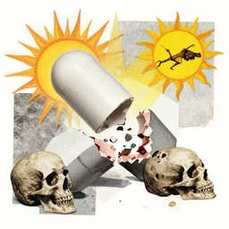 a pill capsule breaking apart into skulls and sunbursts, mixed media collage, by hannah hoch