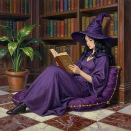 a pastel painting of a woman wizard lounging on a purpur pillow on the marbled checkered floor in front of her bookcase in a library, reading an ancient book. to the side is a potted plant, moody light. ancient retrofuturistic setting. 4 k key art. raytracing, by yoshitaka amano