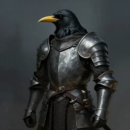 crow wearing medieval suit of armor, illustration, concept art, art by wlop, dark, moody, dramatic
