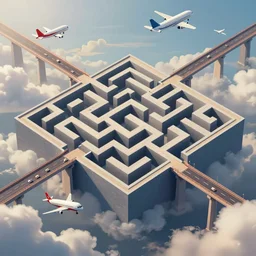wimmelbilder maze made of bridges in the sky, isometric, clouds, cartoon planes, very sharp