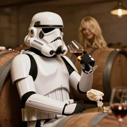 stormtrooper and hot blonde drinking wine in a cellar, romantic, cozy, inviting, detailed, beautiful, atmospheric, impressionism, watercolor by vladimir volegov