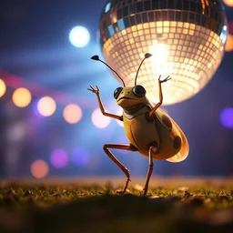 a closeup photorealistic image of hopper from a bug's life dancing below a disco ball to dubstep music. film still bright scene. fine detail. this 4 k hd image is trending on artstation, featured on behance, well - rendered, extra crisp, features intricate detail, epic composition and the style of unreal engine.