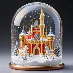 in a snowglobe is a golden and red rocococastle with unicorns and snow falling, rainbow colored, sparkels, insanely detailed, 8 k, 3 d, masterpiece