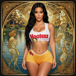 professional photo of kim kardashian wearing a hooters outfit, posed by a lake, intricate, elegant, highly detailed, cinematic, instagram, sleek, smooth, sharp focus, illustration, by artgerm and greg rutkowski and alphonse mucha