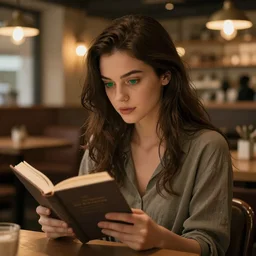 a beautiful woman with long dark brown hair and green eyes, sitting while reading a book, cozy cafe background, ambient lighting, 4k, anime key visual, lois van baarle, ilya kuvshinov, rossdraws, artstation