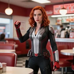 Black Widow working as a waitress in a diner in the new avengers movie, 4k