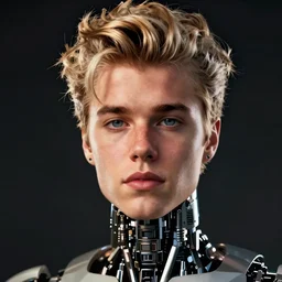 a robot with the face of justin bieber, photograph, blender render,
