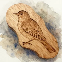 oil painting under watercolor painting engraved and carved out of wood into a bird