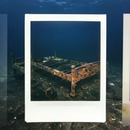a rusty bed at the bottom of the ocean, dark, murky water, underwater, old polaroid, expired film,