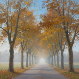 autumn day, tree boulevard, blue sky, autumn morning, misty, a painting by kenton nelson