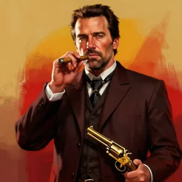Arnold Schwarzenegger in Red Dead Redemption 2 (2018 videogame) cover art, ultra wide lens shot , cigar, taciturn, regal, golden revolvers, pump action shotgun,  DnD character art portrait, matte fantasy painting, DeviantArt Artstation, by Jason Felix by Steve Argyle by Tyler Jacobson by Peter Mohrbacher, cinematic lighting