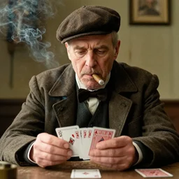 an old man looking like tommy shelby smoking cigar and playing cards