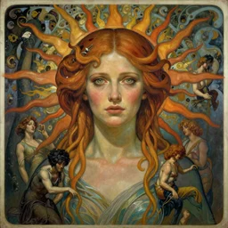 stunning, breathtaking, awe-inspiring award-winning concept art nouveau painting of attractive Tilda Swinton as the goddess of the sun, with anxious, piercing eyes, by Alphonse Mucha, Michael Whelan, William Adolphe Bouguereau, John Williams Waterhouse, and Donato Giancola, cyberpunk, extremely moody lighting, cinematic, 8K