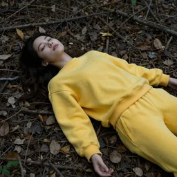 young female, lying dead on the ground in a forest, she is wearing a yellow velor sweat suit, she is mostly covered by dark colored leaves and twigs