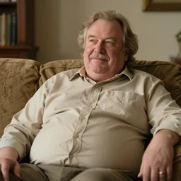 cozy photo of older handsome lord richard. he is sitting gracefully on a sofa, his eyes look wise, happy wise. oh he is a human by the way, wear's beige shirt, a bit chubby and has big bouncy belly