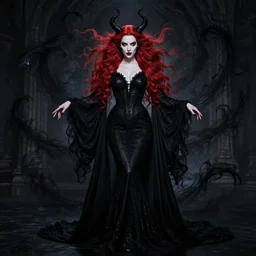 style of gerald brom, artgerm : : gorgeous mary elizabeth winstead : : evil sorceress, swirling black magic, black dress : : symmetrical face, symmetrical eyes : : full body pose : : gorgeous red hair : : cinematic lighting : :