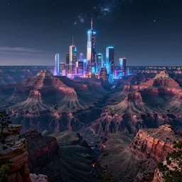 the Grand Canyon filled with glowing futuristic cyberpunk skyscrapers at night with a starry sky, fantasy, hyperrealism, octane render, photorealistic concept art, highly detailed