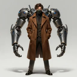 a highly detailed illustration of timothee chalamet wearing brown coat and face mask, extra mechanical arms on his back, dramatic hands in pocket standing pose, intricate, elegant, highly detailed, centered, digital painting, artstation, concept art, smooth, sharp focus, league of legends concept art, WLOP