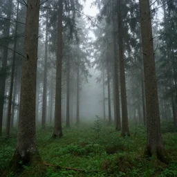 conciferous forest scene, national geographic photo, misty woodland landscape