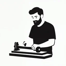 bearded man using woodlathe, vector art, simple, clean, monochromatic