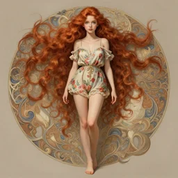 cute ginger woman with a beautiful face and eyes, long hair, wearing a flowery romper, long legs, fantasy, intricate, full body shot, sexy, highly detailed, digital painting, artstation, concept art, wallpaper, smooth, sharp focus, realistic photo by artgerm and greg rutkowski and alphonse mucha