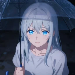 a japanese girl with silver hair and blue eyes holding an umbrella at night, shot from above, sparkling eyes, concept art by Yoji Shinkawa