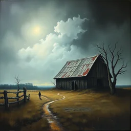turner, j. m. w grunge gothic oil landscape painting of a haunted barn, dark art