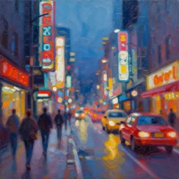 abstract oil painting of a long exposure of a busy neon street