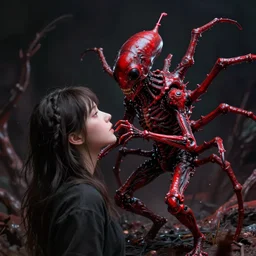 a realistic humanoid parasite attacking a woman, bright red and black, highly detailed, dark, evil, branches, artistic