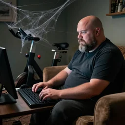 a chonky ethan van sciver with a bald head and trimmed grey beard sits in his basement on his couch, typing on the computer, his peloton exercise bike is in the corner behind him collecting cobwebs and spiderwebs, dramatic lighting