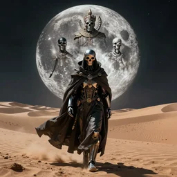 a cyborg dressed in a large cloak walking through a dangerous desert, skull, guardian of the moon, night. close up, in the center, centered, epic, intrincate, volumetric, by moebius, jean giraud & kilian eng moebius style