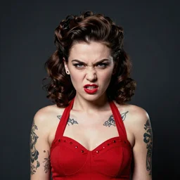 portrait of a pinup, 3 0 yo, angry look, tattoos, dark background, studio light, hdr, nikon 3 5 mm f / 1. 8 g, by sebastiao salgado