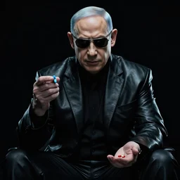 benjamin netanyahu as morpheus from the matrix, sitting, blue pill in hand, red pill in hand, black leather suit, sunglasses, black background, dramatic lighting, the matrix, cinematic