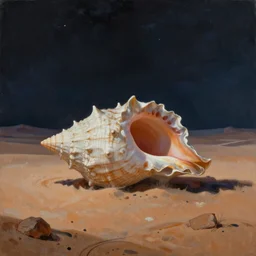 sci fi atmospheric landscape painting of a giant seashell in middle of the desert at night, painted by john harris and moebius
