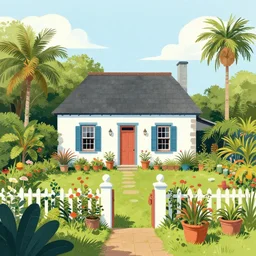 a typical house in a creole garden from reunion island, illustration by jamie mckelvie, trending on artstation