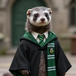 a anthropomorphic ferret is dressed as a hogwarts student in slytherin robes, hyperdetailed, artstation, cgsociety, 8 k