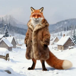 an anthropomorphic fox man wearing a long fur coat in a snowy village, his long tail dragging behind him, character illustration by greg rutkowski, thomas kinkade, Franz Xaver Winterhalter, William-Adolphe Bouguereau, Howard Pyle
