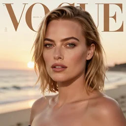 a portrait of margot robbie on the beach, sexy look, realistic eyes, 8k, hyper-detailed, cinematic, sunset, vogue magazine cover