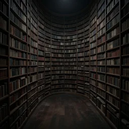 liminal library, dark, surreal, sprawling, unsettling