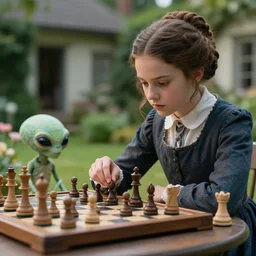 sharp, highly detailed, film from a 2 0 1 9 sci fi 8 k movie, set in 1 8 6 0 a girl playing chess against a small cute humanoid alien, in the garden of a house, wearing 1 8 6 0 s clothes, atmospheric lighting, in focus, reflective eyes, 3 5 mm macro lens, live action, nice composition