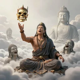 spawn shaman + skull mask throwing up dmt + clouds of the god emperor buddha + death + exasperated detailed face of enlightenment anguish + warlock + entombment of the machine + spiritual eruption + elemental alchemical + detailed renaissance art ornaments + crystals spewing forth from eyes +