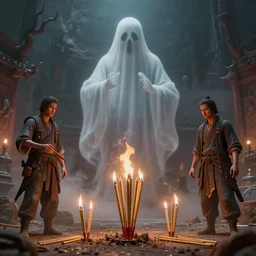 post design craig mullins and wenjun lin digital illustration of burning joss sticks ， ghost ， chinese hell ， unreal engine, hyper realism, realistic shading, cinematic composition, realistic render, octane render, detailed textures, photorealistic, wide shot